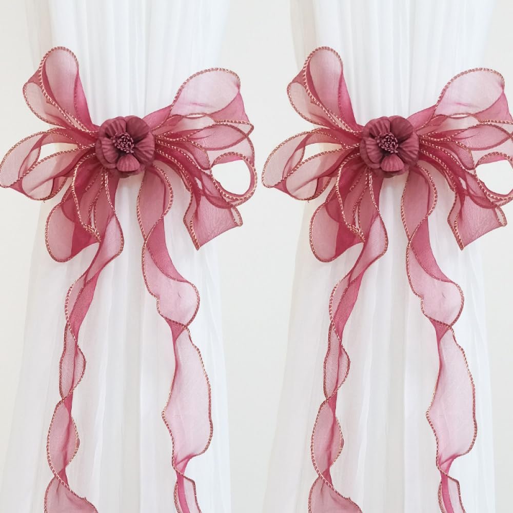 qbodp 2 Pack Curtain Tiebacks Flower Bow Tie Backs for Drapes, Elegant Curtain Holdbacks Home Decor Curtain Ties for Girl Room, Dark Red