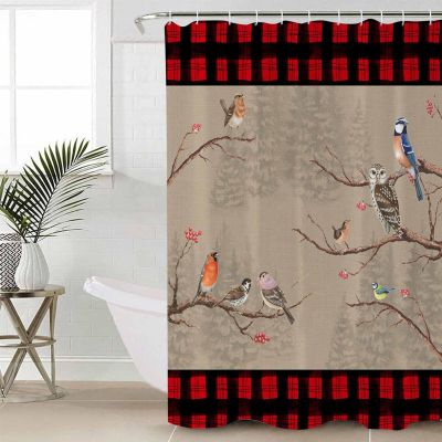 Christmas BirdShower Curtain Set with Hook 72" x 78",Washable Cloth Polyester Fabric Shower+Curtain,Waterproof Bath Curtains for Bathroom,Showers,Bathtubs Decor Farmhouse Buffalo Plaid Red Black