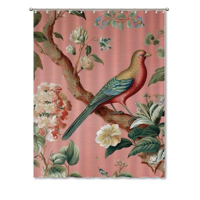 Yinrune Blush Bird Flower Floral Shower Curtain Set with Hooks Chinoiserie Style Shower Curtain Asian Inspired Bath Curtains Bathroom Decor Polyester Fabric Shower Curtains with Holes