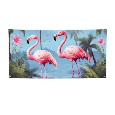 Tropical flamingos Banner Holiday Backdrop for Outdoor Happy Birthday Decorations Yard Signs Christmas Banners Fence Hanging Flag Home Decoration for Party Wedding Business