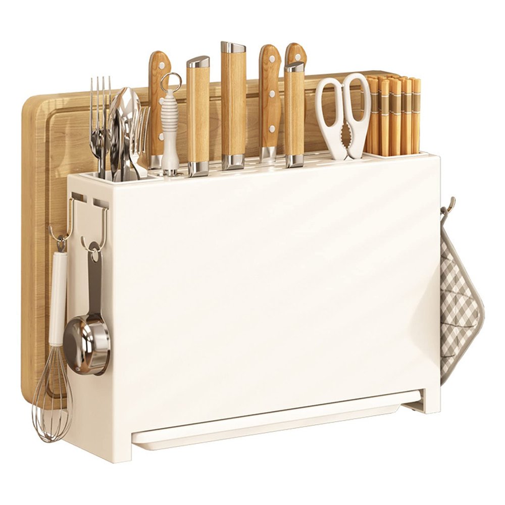 Kitchen Knife Drying Holder, Kitchen Knife Holder, Kitchen Knife Organizer, Integrated Chopsticks Cutting Board Storage Rack Organizer (White)