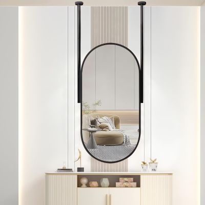 Hamankim Modern Oval Mirror for Living Room Bedroom Entrance Wall Decorative Mirror, Wall Mounted Vanity Make-up Mirrors with Metal Frame and Ceiling Boom - Black (Size : 40cmx60cm)