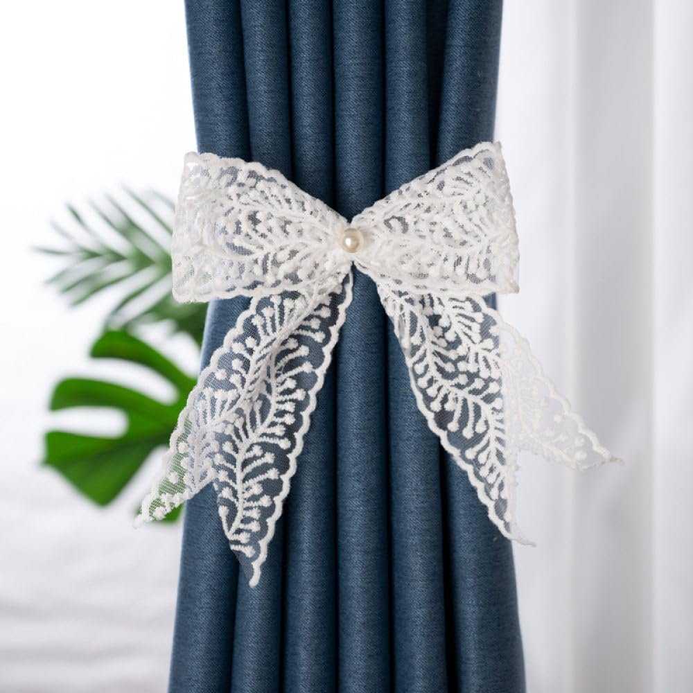 qbodp 6 Pack Lace Bow Curtain Tiebacks Embroidery Tie Backs for Drapes, Wedding Venue Decorative Curtain Holdbacks, White