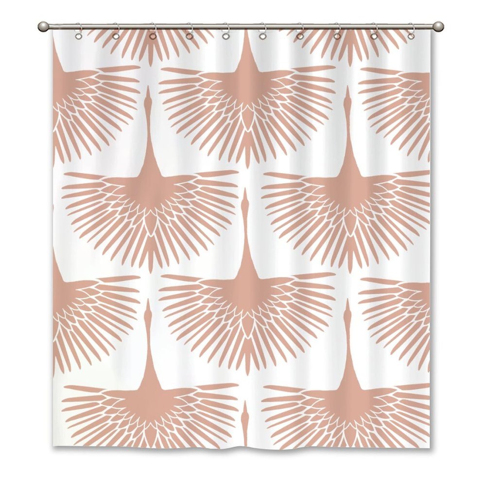 Yinrune Blush Pink Bird Swan Flock Shower Curtain Set with Hooks Chinoiserie Style Shower Curtain Asian Inspired Shower Curtains Bathroom Decor Polyester Fabric Shower Curtains with Holes
