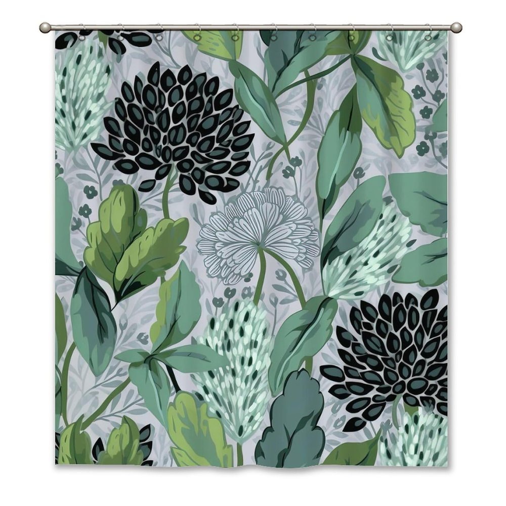 Yinrune Chinoiserie Shower Curtains for Bathroom Black and Green Floral Flower Bathroom Shower Curtain Asian Modern Shower Curtain 60x72in Polyester Fabric Shower Curtain Set Bathroom Decor
