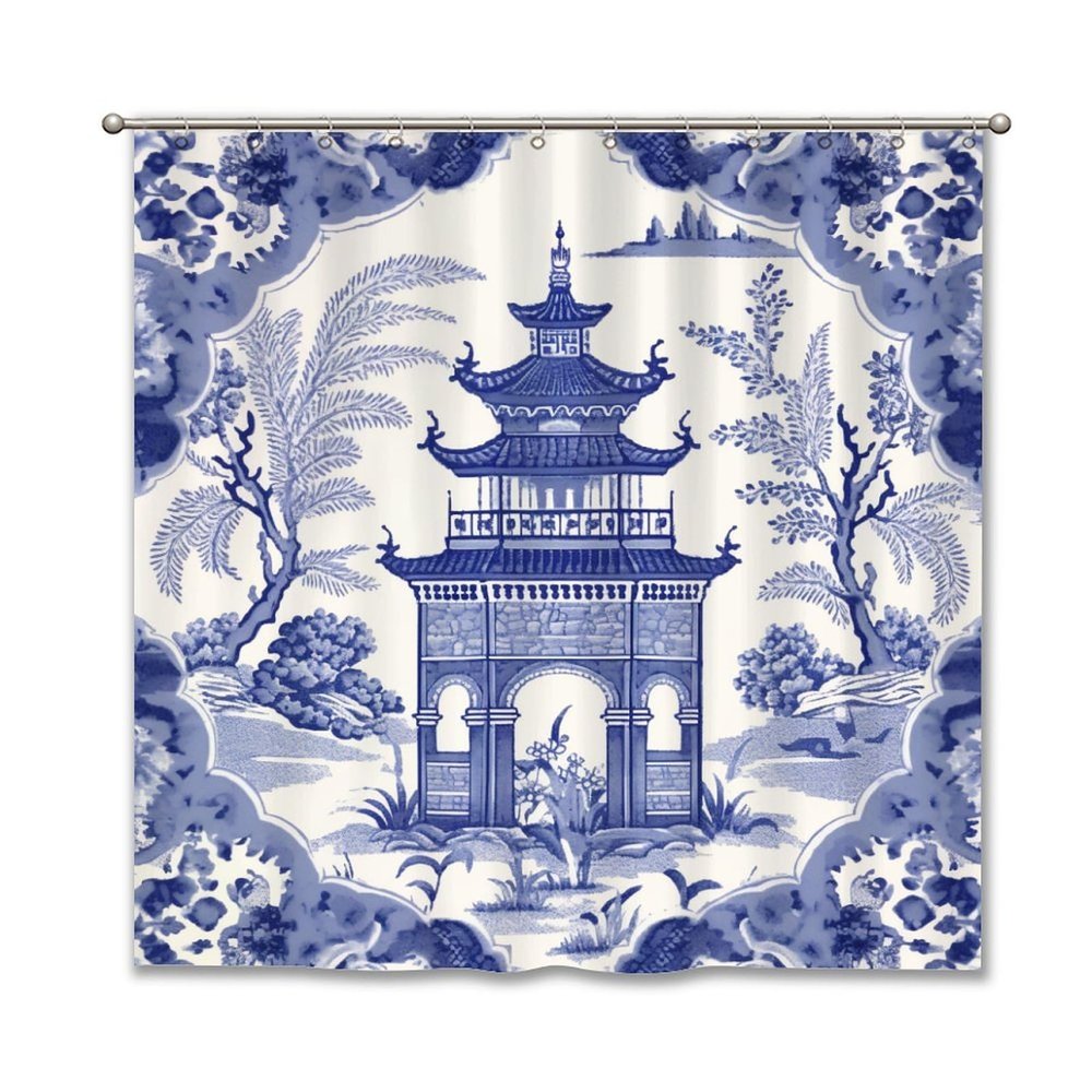 Yinrune Chinoiserie Style Blue and White Shower Curtains for Bathroom 72x72in Asian Pagoda Bath Curtains Farmhouse Shower CurtainPolyester Fabric Shower Curtain Set with Hooks