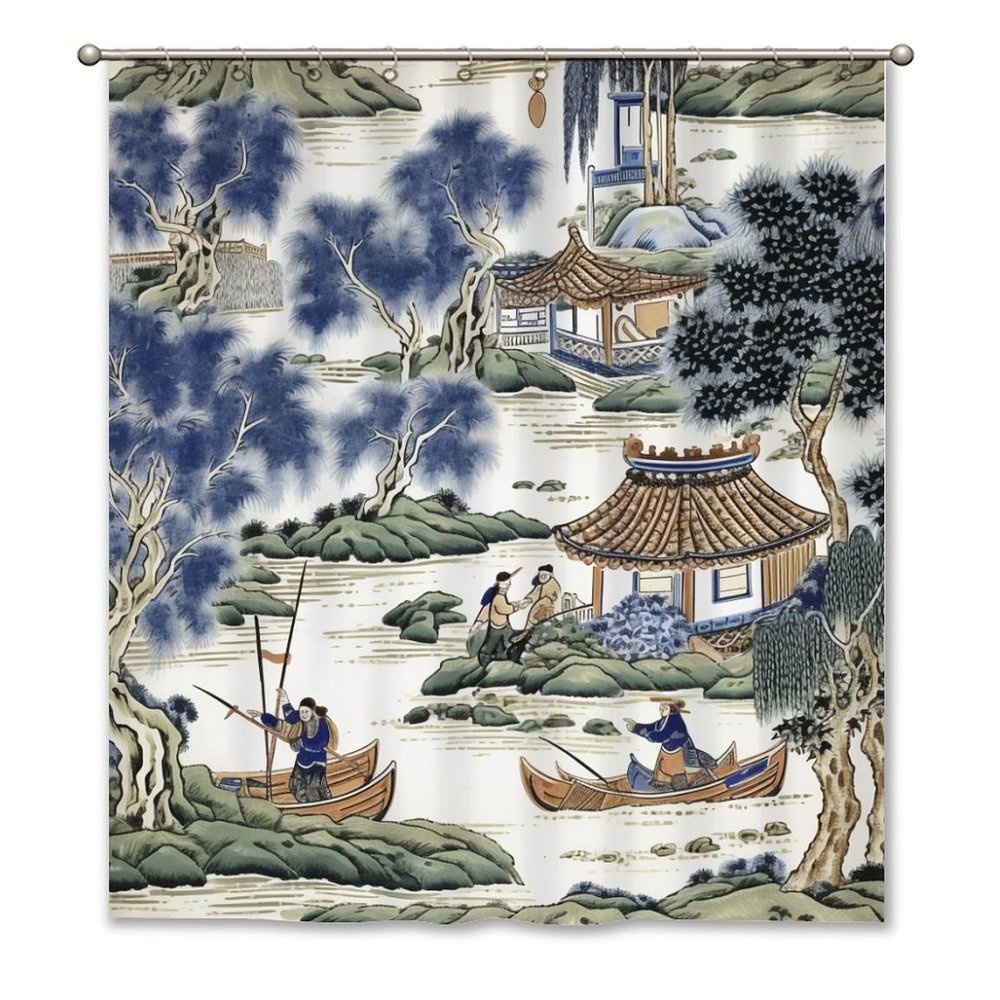 Yinrune Chinoiserie Shower Curtain Blue and Kelly Green Asian Scenic Shower Curtains Asian Farmhouse Shower Curtain 64x72in Polyester Fabric Shower Curtain Set with Hooks Bathroom Decor