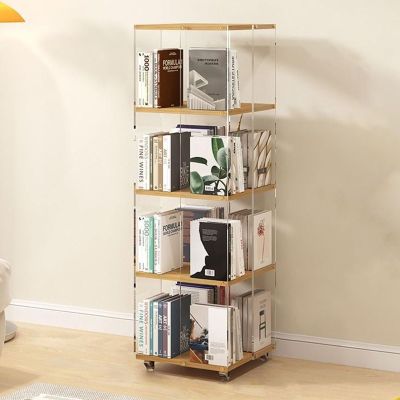 BABLO Mobile Bookshelf with Wheels Acrylic Storage Rack Revolving Bookcase Book Display and Storage Used in Living Room, Bedroom, Study Room (Color : Natural, Size : 4 Tier)
