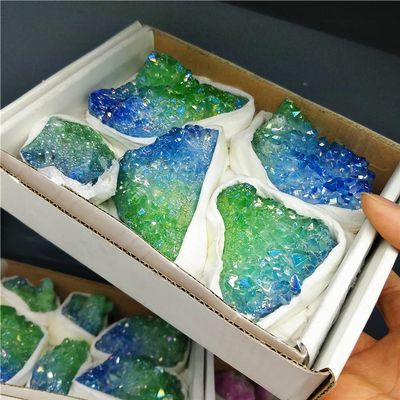 AAKOMA for Two Colored Angel Aura Crystal Druse Quartz Natural Collection Stones Freeform Specimens Box Reiki Decor Gift Sets