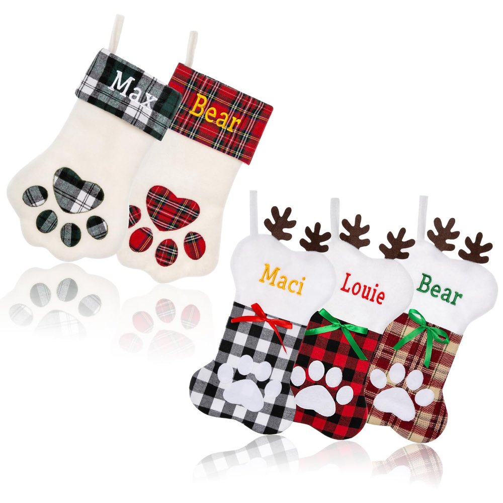 Ulico Personalized Pets Stockings, Custom Christmas Stocking for Dogs Cats, Embroidered Large Pet Paw or Bone Shape Xmas Stockings, Christmas Decoration Fireplace Hang Stocking Family Holiday1 Pcs