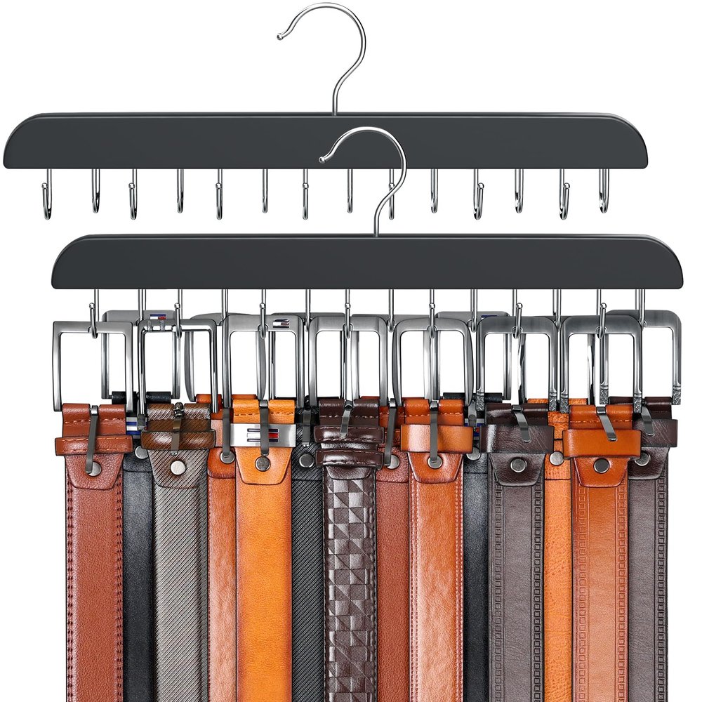 Belt Hanger for Closet, Sturdy Wood Belt Rack Closet Accessories with 14 Hooks Belt Organizer for Closet Organizers and Storage Max 42 Belts-Black 2 Pack