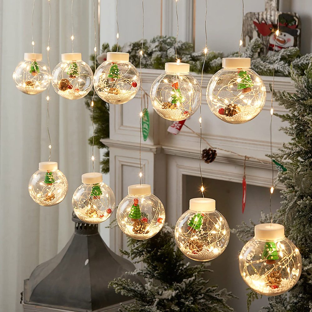 9.84ft 10 Lights Christmas Wishing Ball String Lights, Xmas Santa, Snowman, Curtain Lights for Home Window Ornaments, Indoor Outdoor Waterproof for Patio, Lawn, Garden, DIY Decoration, Snow (C)