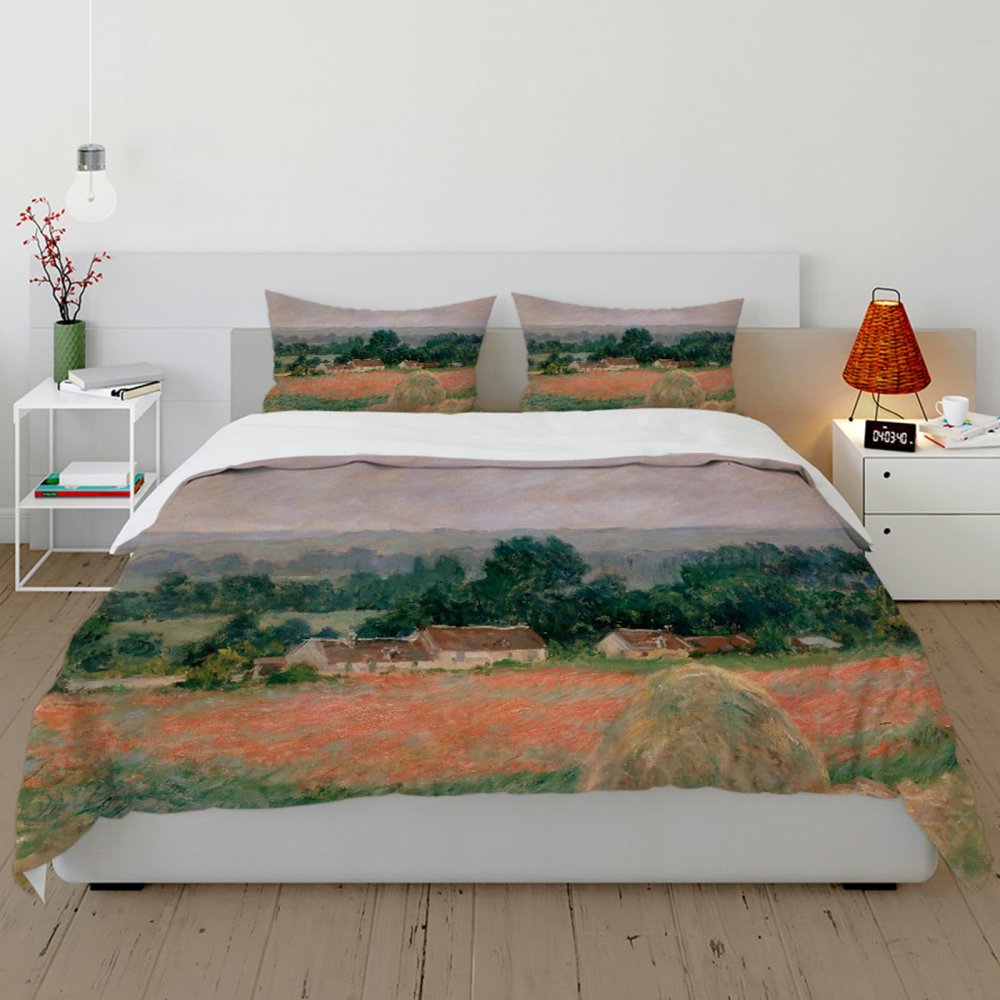 HOBBOY Country Farmhouse Bedding Sets Claude Monet Painting Art 3 Pieces Duvet Cover Sets Haystack Duvet Cover with Zipper 2 Pillowcases Queen