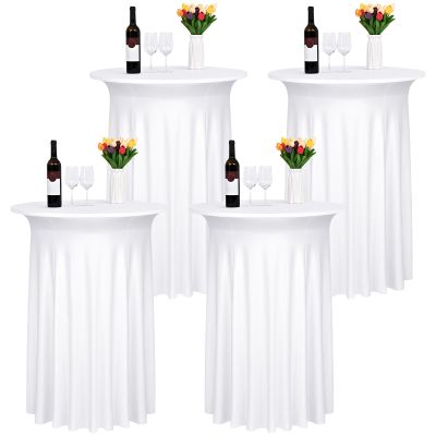 4 Pack White Round Cocktail Table Skirt, 32" x 43" Spandex Stretch Cocktail Tablecloth with Wavy Drapes, Fitted High Top Table Covers for Wedding Parties, Patio, Bar, Banquet