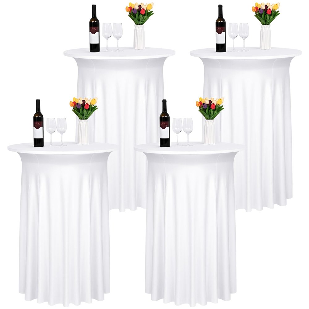 4 Pack White Round Cocktail Table Skirt, 32" x 43" Spandex Stretch Cocktail Tablecloth with Wavy Drapes, Fitted High Top Table Covers for Wedding Parties, Patio, Bar, Banquet