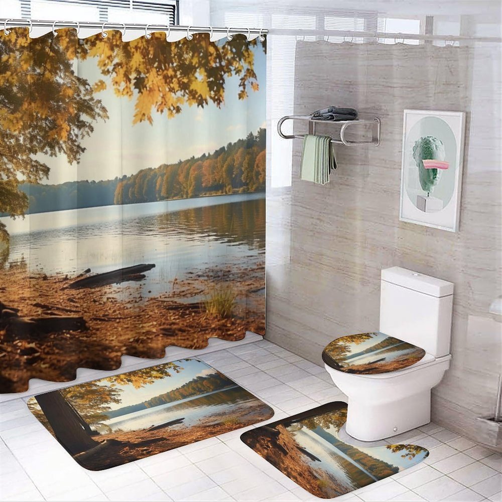 4Pcs Wonderful Forest Scene Shower Curtain Sets, Fall Modern Rustic Scenery Bathroom Set with Shower Curtain, Toilet Lid Rug, Non-Slip Rugs and Bath Mat Decor