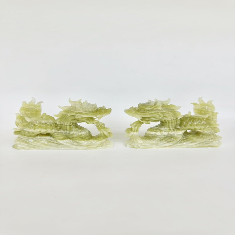 NATURAL MARBLE SHOP Set of 2 Green Onyx Marble Dragon Statue, Feng Shui Chinese Royal Dragon Statue Luck & Wealth Home Dcor Sculpture Gift Collectible Ornament (5.9" L)