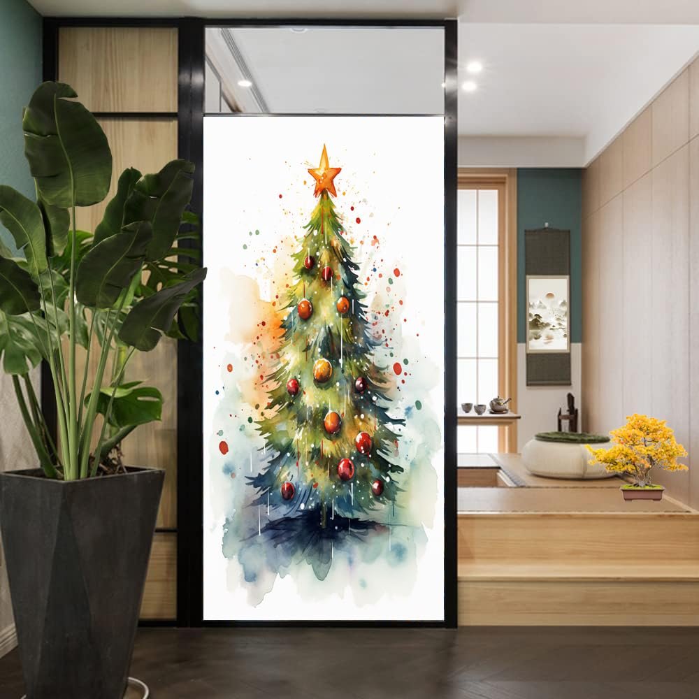 Abstract Christmas Tree Window Privacy Film Doodle Snowflakes Stars Nature Landscapes Stained Glass Window Film Sun Blocking Heat Control Decorative Window Covering Film for Home Office 27.6Wx39.4L