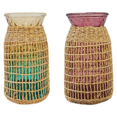 VOSAREA 2pcs Woven Rattan Glass Vase Decorative Flower Vase for Home Office and Balcony Decor Timeless Design