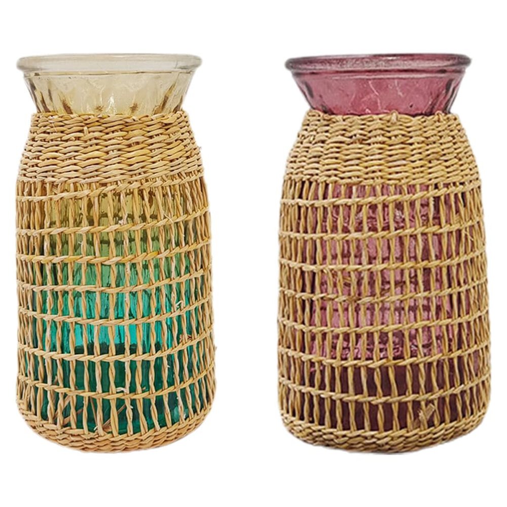 VOSAREA 2pcs Woven Rattan Glass Vase Decorative Flower Vase for Home Office and Balcony Decor Timeless Design