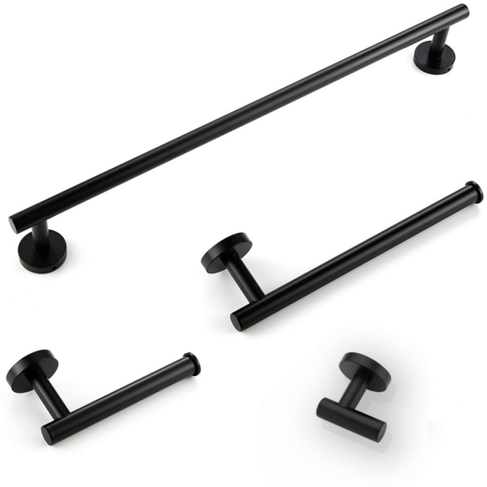 Bathroom Accessories Sets Matte Black Gunmetal Chrome Brushed Gold Robe Hook Towel Bar Paper Holder Stainless Steel,4,Piece Set Black