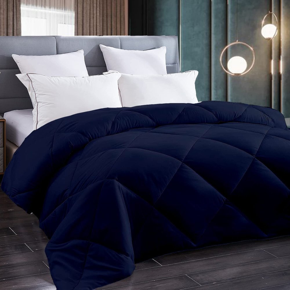 All Season Goose Down-1 Piece Diamond Stitched Comforter Set 100% Natural Cotton | 500 GSM Fill |Navy Blue Comforter Only Cloud Fluffy Diamond Pattern Duvet Inset-King (106'' x 90'')