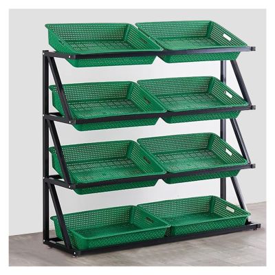 4/5 Tier Supermarket Shelf Cabinet Floor Standing, Retail Store/Convenience Store Beveled Mouth Basket Display Stand, for Fruit Vegetable Onion Potato Snack Multiple Purchases Available (Color : Gree