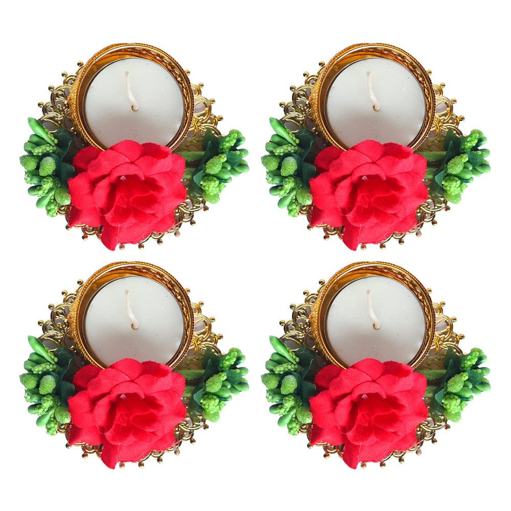 Rajasthan Kraft Traditional Flower Tealight Holder for Diwali Decoration of Home and Office|Diwali Decoration| Size 10X10X4 CM, Pack of 4 (RK-GTH-0051-4)