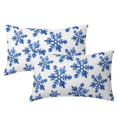 Blue Snow Flakes Winter Lumbar Pillow Covers 12X20 Inch Set of 2 Falling Snowflakes Crystal Christmas White Pillow Cases Xmas Holiday Pillowcase Rustic Cushion Case For Couch Sofa Porch Outdoor