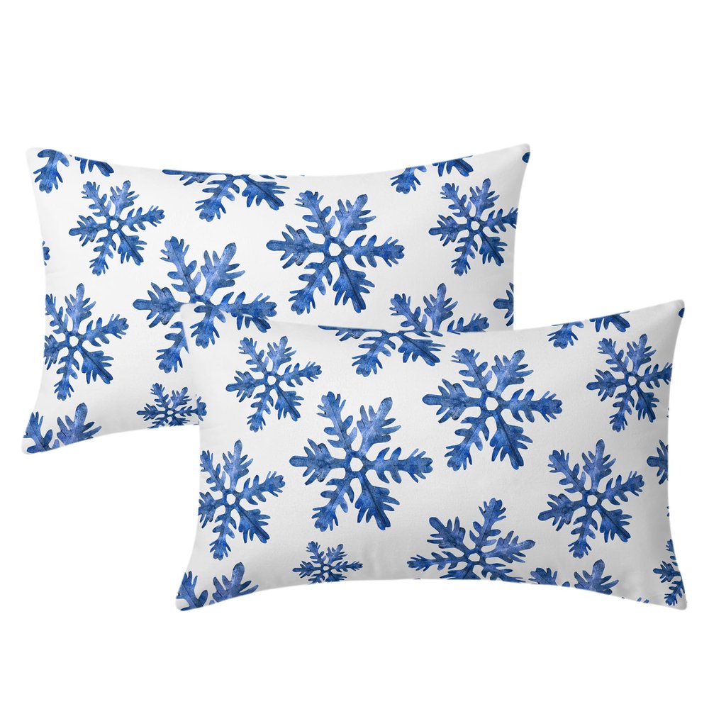 Blue Snow Flakes Winter Lumbar Pillow Covers 12X20 Inch Set of 2 Falling Snowflakes Crystal Christmas White Pillow Cases Xmas Holiday Pillowcase Rustic Cushion Case For Couch Sofa Porch Outdoor
