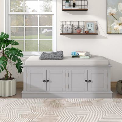 Knocbel Entryway Storage Bench with Removable Cushion, 4 Doors and Adjustable Shelves, Entrance Hallway Foyer Bedroom End of Bed Bench, 200lbs Weight Capacity