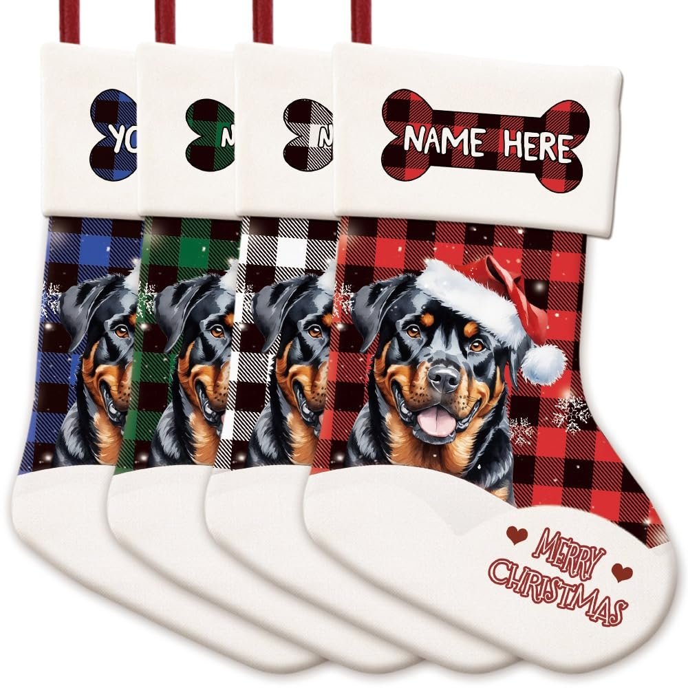 GUGLILI Funny Rottweiler Dog Christmas Stocking Grey Red Blue Green Buffalo Check Plaid Bone Puppy Snowflake Personalized Xmas Hanging Stockings Gift for Party Holiday Home Decoration 14.4"