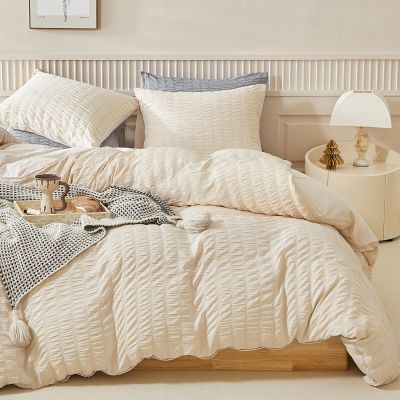 WARMDERN Duvet Cover Set Queen Size, 3pcs Washed Microfiber Beige Bedding Set, Soft Breathable Striped Textured Seersucker Duvet Cover with Zipper Closure & Corner Ties(Beige, Queen)