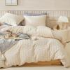 WARMDERN Duvet Cover Set Queen Size, 3pcs Washed Microfiber Beige Bedding Set, Soft Breathable Striped Textured Seersucker Duvet Cover with Zipper Closure & Corner Ties(Beige, Queen) view 1