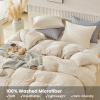 WARMDERN Duvet Cover Set Queen Size, 3pcs Washed Microfiber Beige Bedding Set, Soft Breathable Striped Textured Seersucker Duvet Cover with Zipper Closure & Corner Ties(Beige, Queen) view 3