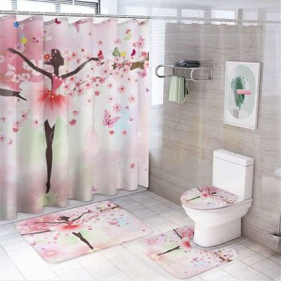 FBMLBRB Beautiful Ballet Dancer 4 Pcs Waterproof Shower Curtain Set,Watercolor Colorful Spring Floral Cherry Blossom Butterfly with Waterproof Toilet Cover Shower Mat Rugs