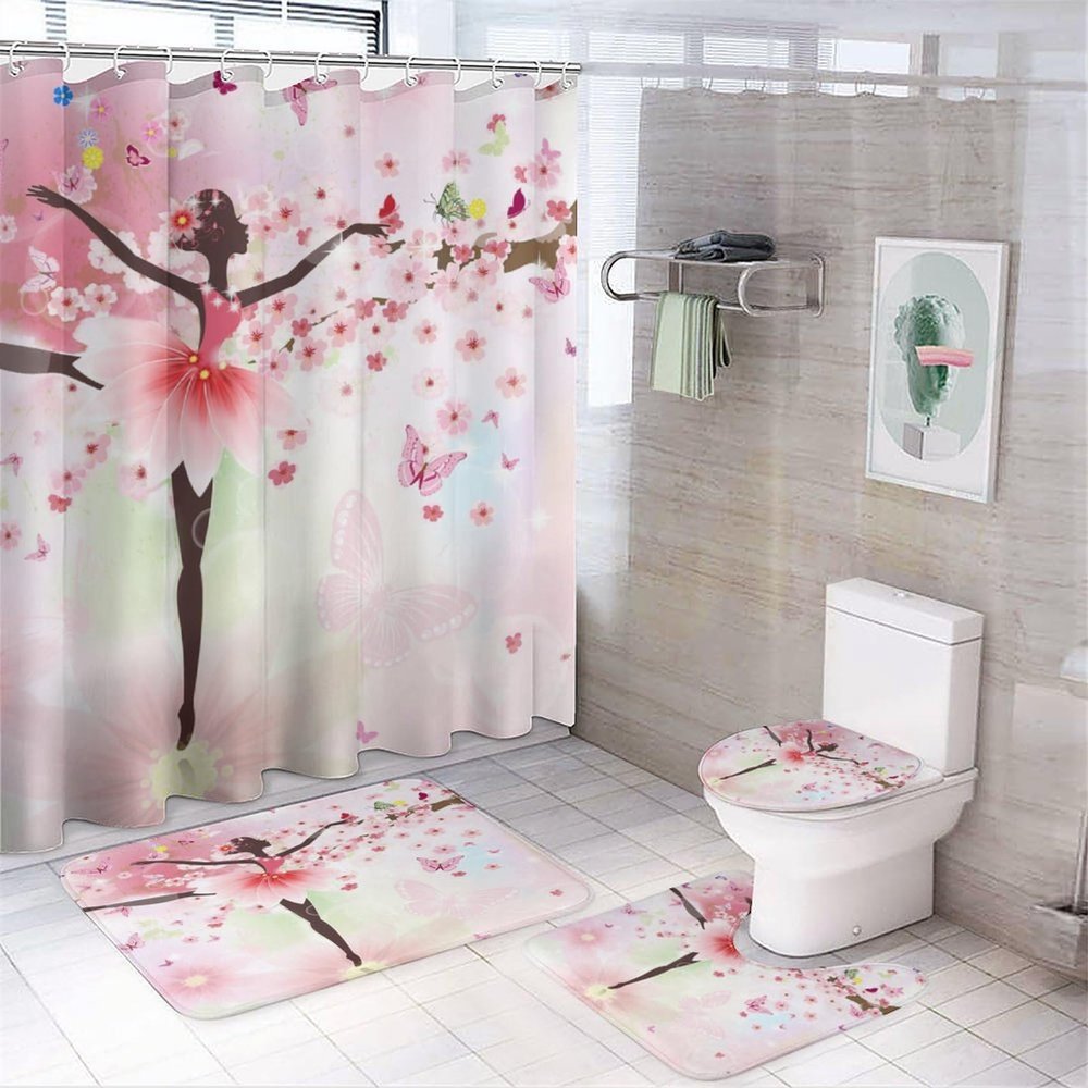 FBMLBRB Beautiful Ballet Dancer 4 Pcs Waterproof Shower Curtain Set,Watercolor Colorful Spring Floral Cherry Blossom Butterfly with Waterproof Toilet Cover Shower Mat Rugs