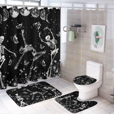 Funny Halloween Ballet Dance 4 Pcs Waterproof Shower Curtain Set,Fantasy Galaxy Skull Ballet Dancer Full Moon Flowers with Waterproof Toilet Cover Shower Mat Rugs