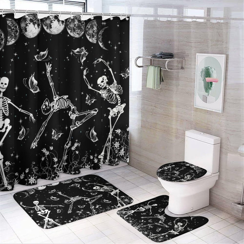 Funny Halloween Ballet Dance 4 Pcs Waterproof Shower Curtain Set,Fantasy Galaxy Skull Ballet Dancer Full Moon Flowers with Waterproof Toilet Cover Shower Mat Rugs