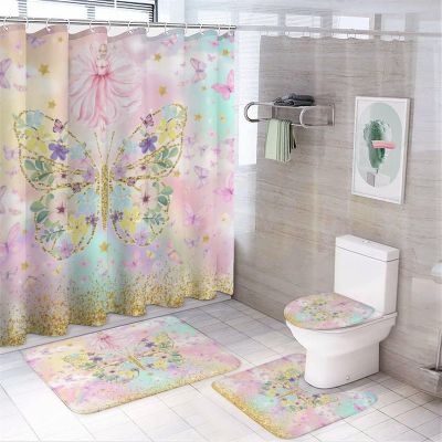 FBMLBRB Colorful Spring Butterfly 4 Pcs Waterproof Shower Curtain Set,Rainbow Watercolor Ballet Dancer Clouds Floral Butterflies with Waterproof Toilet Cover Shower Mat Rugs