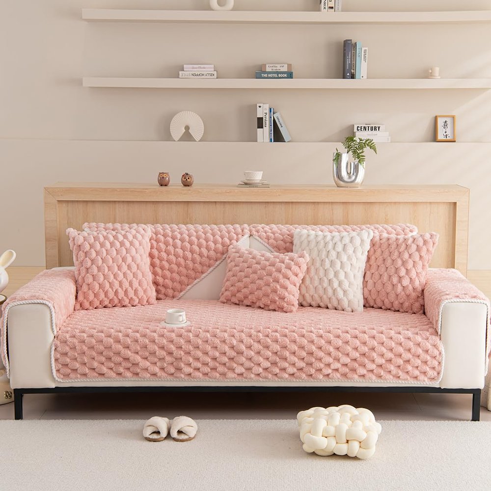 vctops Super Soft Faux Fur Couch Cover 3D Plaid Fuzzy Plush Sofa Covers Non-Slip Washable Sofa Slipcover Furniture Protector for Dogs Cat Pets (Pink,36"x63")