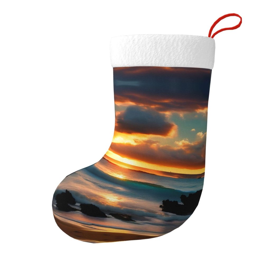 Christmas Stocking - Festive Holiday Decoration, Durable Polyester Fabric, Perfect for Gifts and Candy Beach Maui Hawaii Sunset Sea Waves Clouds
