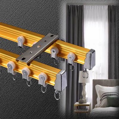 JEDAL Ceiling Curtain Track Heavy Flexible Curtain Tracks for Bay Window Aluminum Alloy Silence Curtain Double Rods Curtain Accessories CeilingMount Curtain Rail System (Color : Gold, Size : 13.1ft)