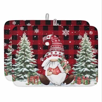 Christmas Plaid Dish Drying Mat for Kitchen Counter, Red Black Gnomes Stockings Pine Tree Snowflake Absorbent Reversible Dish Drainer Rack Mats for Coffee Bar Mats 16''x18'' 2 PCS
