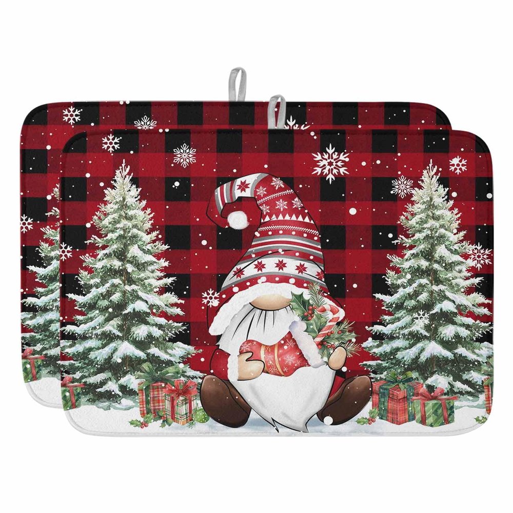 Christmas Plaid Dish Drying Mat for Kitchen Counter, Red Black Gnomes Stockings Pine Tree Snowflake Absorbent Reversible Dish Drainer Rack Mats for Coffee Bar Mats 16''x18'' 2 PCS