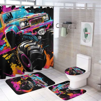 Cartoon Monster Truck Shower Curtain Set for Bathroom, 4Pcs Modern Colorful Shock Racing Bathroom Sets with Non Slip Rugs, Toilet Lid Cover, Bath Mat, Shower Curtain, Bathroom Decor