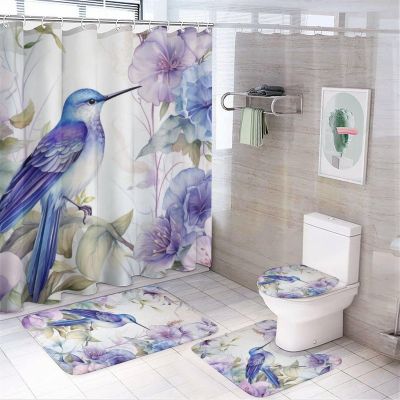 Beautiful Hummingbird Shower Curtain Set for Bathroom, 4Pcs Vintage Watercolor Flower Bird Animal Bathroom Sets with Non Slip Rugs, Toilet Lid Cover, Bath Mat, Shower Curtain, Bathroom Decor