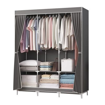 Canvas Wardrobe, Portable Fabric Wardrobe with Hanging Rail and Shelves, Clothes Closet Storage Organizer for Bedroom,Grey-128x45x170cm