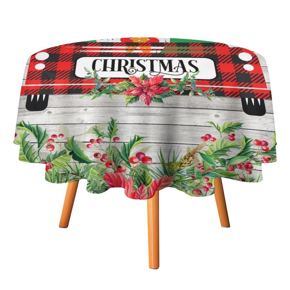 INSFBRB Xmas Tree Truck Round Tablecloths Red Truck Merry Christmas Gnome Decor Candy Leaf Party Table Linen Cloth Cover for Home Kitchen Dining Room Outdoor Patio Decoration 36x36in