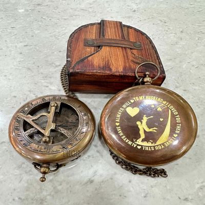 Brass Nautical Sundial Compass with Leather Case and Chain - Push Open Steampunk Accessory, Unique Gift for Men - Beautiful Handmade Sundial Clock to My Husband